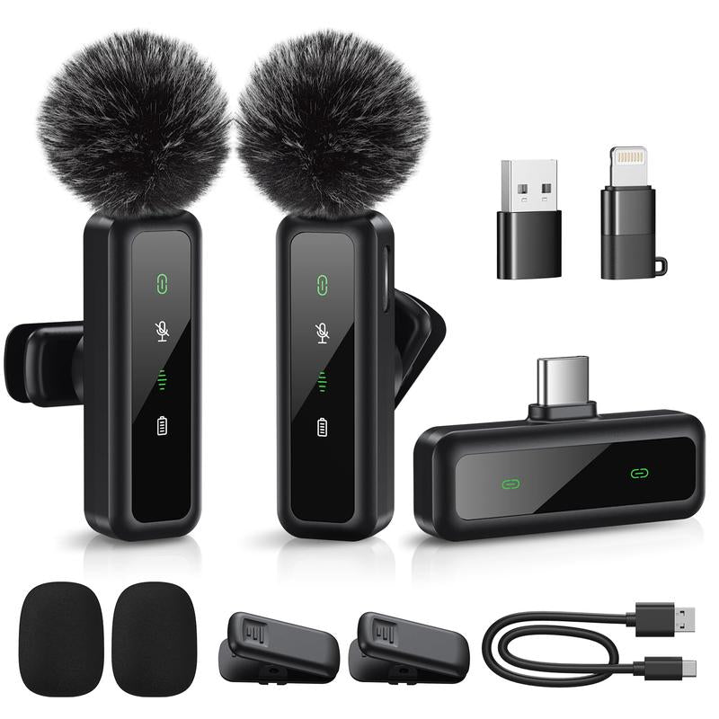 Mini Microphone Wireless Lavalier for Ipad Android 2-Pack Mic with Noise Reduction Auto Pairing and Mute & Reverb Vlogging Video Recording Live Streaming Interview