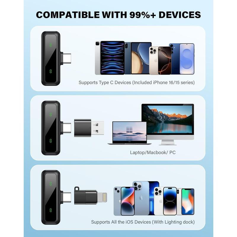 Mini Microphone Wireless Lavalier for Ipad Android 2-Pack Mic with Noise Reduction Auto Pairing and Mute & Reverb Vlogging Video Recording Live Streaming Interview