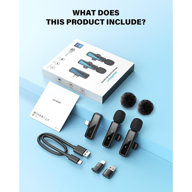 Mini Microphone Wireless Lavalier for Ipad Android 2-Pack Mic with Noise Reduction Auto Pairing and Mute & Reverb Vlogging Video Recording Live Streaming Interview