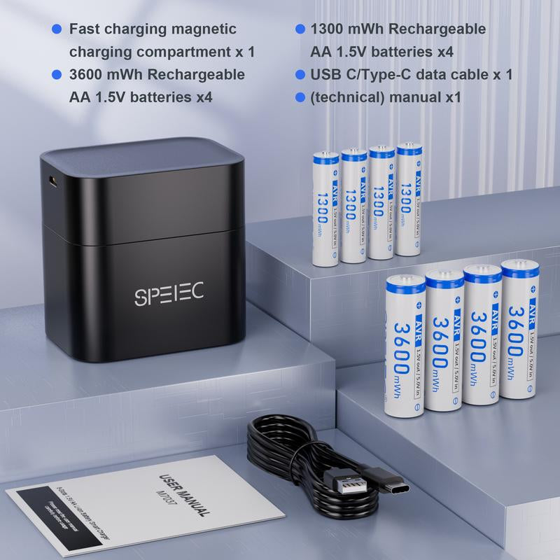 SPELEC Compatible with AA & AAA Rechargeable Batteries with Fast Charger, 1300Mwh X4 Lithium AAA Batteries & 3600Mwh X4 Lithium Double a Rechargeable Li-Ion Battery, 8-Pack 1.5V Constant Output with Intelligent LED Reminder Light