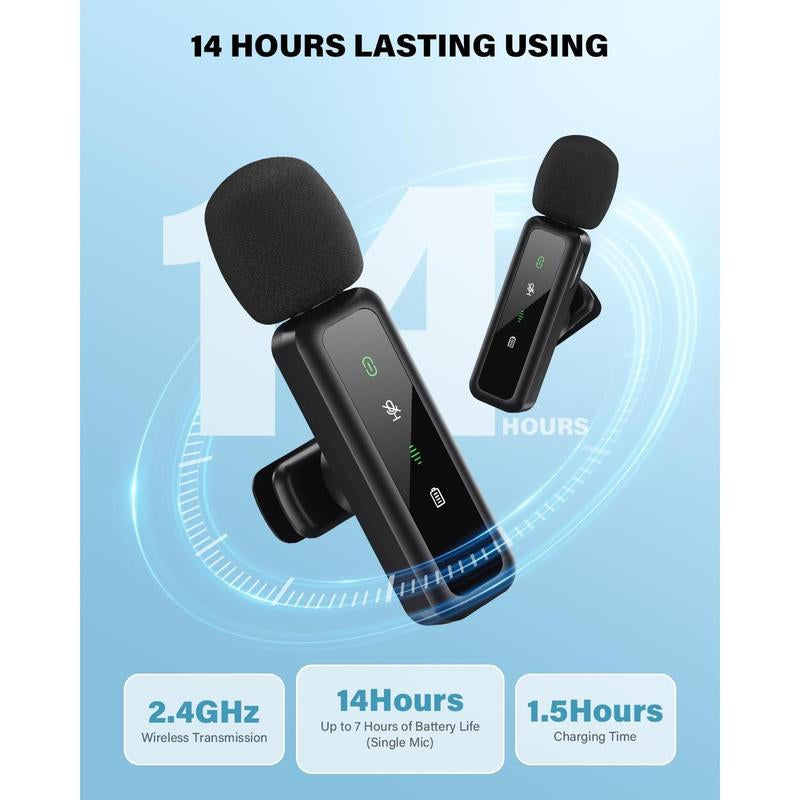 Mini Microphone Wireless Lavalier for Ipad Android 2-Pack Mic with Noise Reduction Auto Pairing and Mute & Reverb Vlogging Video Recording Live Streaming Interview