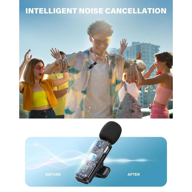 Mini Microphone Wireless Lavalier for Ipad Android 2-Pack Mic with Noise Reduction Auto Pairing and Mute & Reverb Vlogging Video Recording Live Streaming Interview
