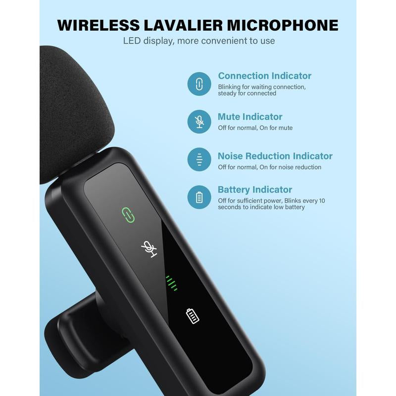 Mini Microphone Wireless Lavalier for Ipad Android 2-Pack Mic with Noise Reduction Auto Pairing and Mute & Reverb Vlogging Video Recording Live Streaming Interview