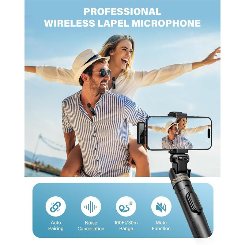 Mini Microphone Wireless Lavalier for Ipad Android 2-Pack Mic with Noise Reduction Auto Pairing and Mute & Reverb Vlogging Video Recording Live Streaming Interview