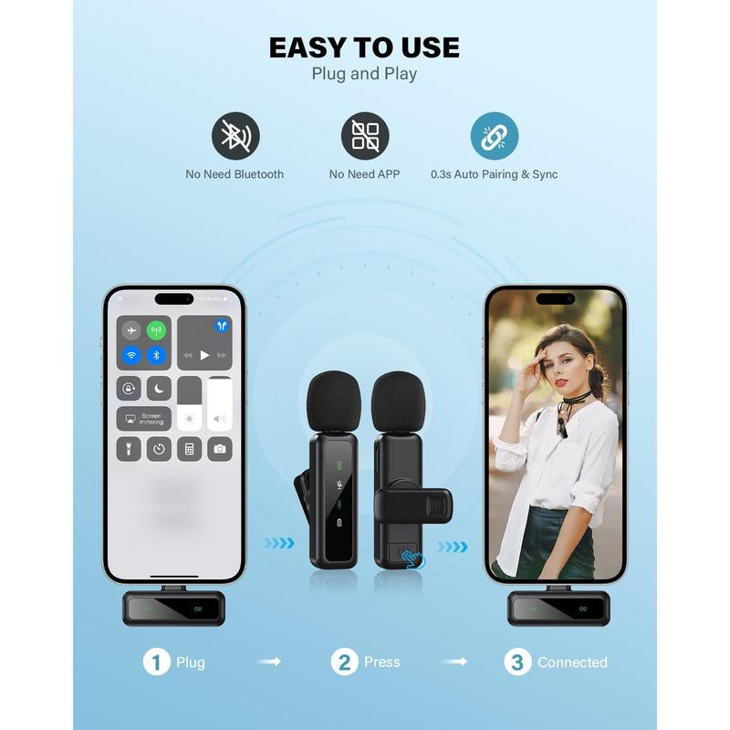 Mini Microphone Wireless Lavalier for Ipad Android 2-Pack Mic with Noise Reduction Auto Pairing and Mute & Reverb Vlogging Video Recording Live Streaming Interview