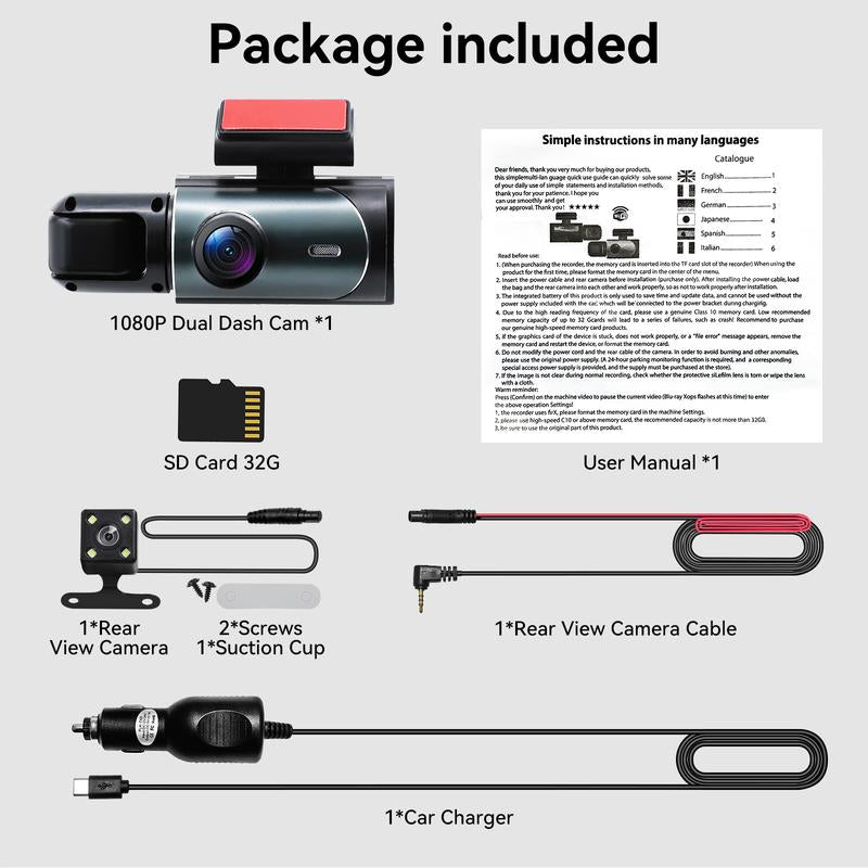 HD 1080P Car Dash Camera, Front & Rear Dual-Lens Car Video Recorder with Night Vision, Dashboard Wide Angle Driving Recorder, Dash Camera for Car, Dashcam, Automotive, Vehicle, Car DVR, Safe Driving Rear View Camera