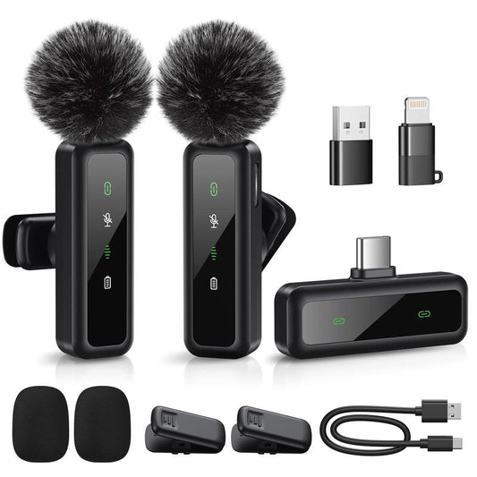 Mini Microphone Wireless Lavalier for Ipad Android 2-Pack Mic with Noise Reduction Auto Pairing and Mute & Reverb Vlogging Video Recording Live Streaming Interview