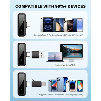 Mini Microphone Wireless Lavalier for Ipad Android 2-Pack Mic with Noise Reduction Auto Pairing and Mute & Reverb Vlogging Video Recording Live Streaming Interview