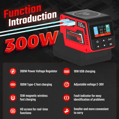 Azocek Adjustable 2–30V DC Voltage Regulator Compatible with Milwaukee 18V Battery – 300W XT60 Output, 100W USB-C PD3.0, 18W USB-A Fast Charging, 15W Wireless Charging, LCD Display [Battery Not Included]