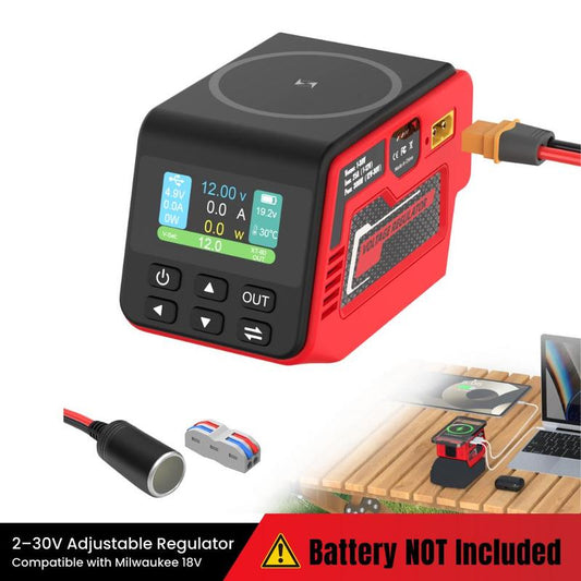 Azocek Adjustable 2–30V DC Voltage Regulator Compatible with Milwaukee 18V Battery – 300W XT60 Output, 100W USB-C PD3.0, 18W USB-A Fast Charging, 15W Wireless Charging, LCD Display [Battery Not Included]