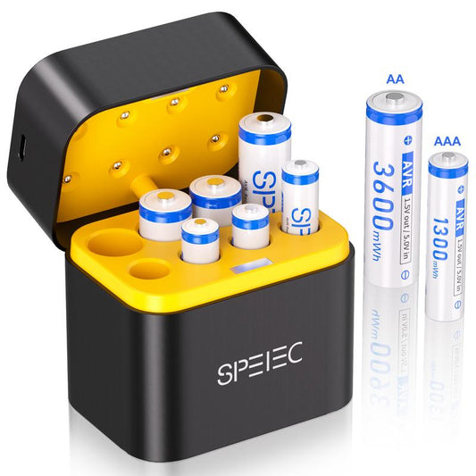 SPELEC Compatible with AA & AAA Rechargeable Batteries with Fast Charger, 1300Mwh X4 Lithium AAA Batteries & 3600Mwh X4 Lithium Double a Rechargeable Li-Ion Battery, 8-Pack 1.5V Constant Output with Intelligent LED Reminder Light