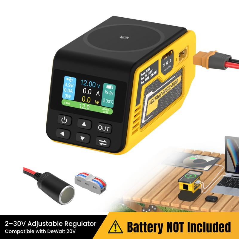 Azocek Adjustable 2–30V DC Voltage Regulator Compatible with Milwaukee 18V Battery – 300W XT60 Output, 100W USB-C PD3.0, 18W USB-A Fast Charging, 15W Wireless Charging, LCD Display [Battery Not Included]