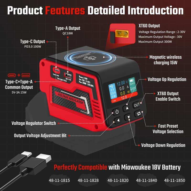 Azocek Adjustable 2–30V DC Voltage Regulator Compatible with Milwaukee 18V Battery – 300W XT60 Output, 100W USB-C PD3.0, 18W USB-A Fast Charging, 15W Wireless Charging, LCD Display [Battery Not Included]